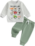 Nyapruwe Toddler Baby Boy Fall Outfit Funny Print Long Sleeve Sweatshirt Joggers Pants Set Kids Warm Winter Clothes