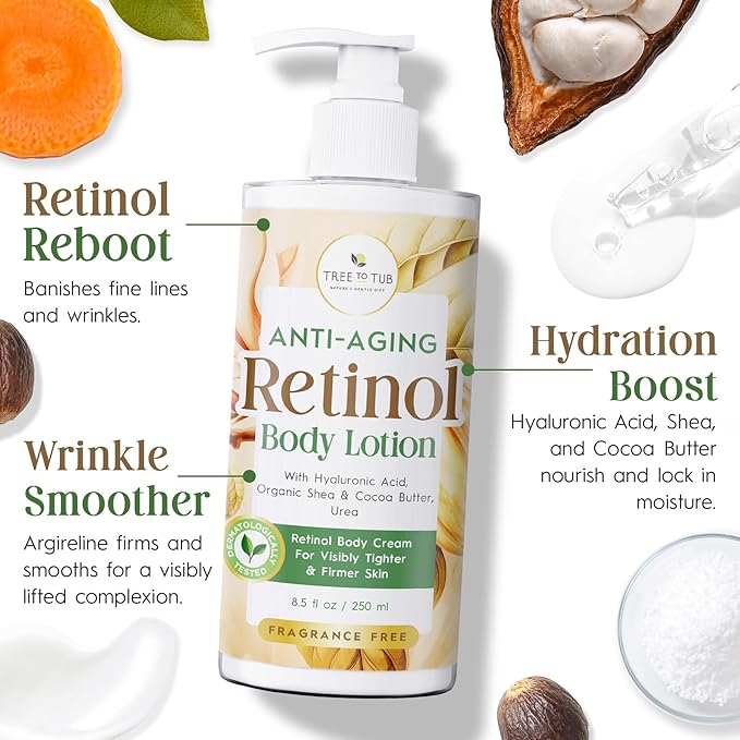 Tree to Tub Retinol Body Lotion - Hydrating Body Cream, Advanced Firming Cream w/Hyaluronic Acid & Shea Butter, Fragrance-Free Body Lotion for Crepey Skin for Older Women & Men