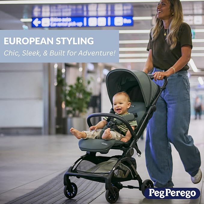 Peg Perego Volo, Ultra Lightweight Carry On Compliant Travel Stroller, Adjustable Features & Reclining Seat - Designed for Everyday Comfort from Newborn to 50lbs, Blue Shine (Blue & Copper)