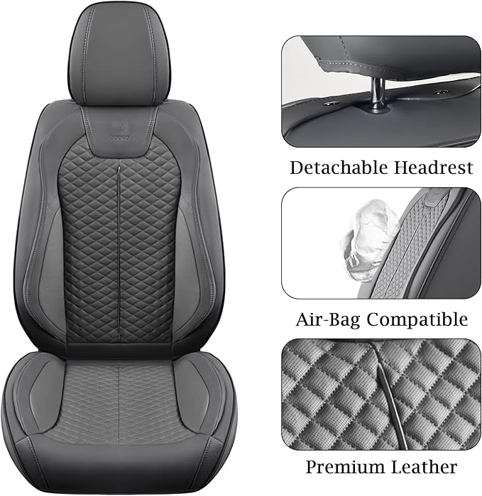 Doogo Car Seat Covers Full Set, Leather Seat Covers 5 Seats, Automotive Seat Covers, Waterproof Driver Seat Covers Universal Front and Rear Seat Covers Fit for Most Cars-Gray