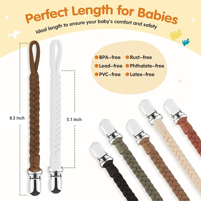 Baby Pacifier Clip, 7 Pack Baby Pacifier Holder Leash for Boys and Girls,100% Handmade Braided Design, Universal Fit for All Pacifiers & Teething Toys - Modern Unisex Baby Gift