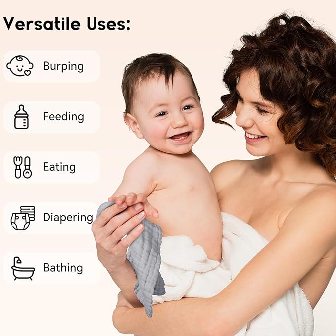 Muslin Baby Washcloths 6 Pack, 100% Cotton Wash Cloths for Babies, Large 12''X12'' Burp Cloths Absorbent and Soft for Newborn Infants Kids Boys Girls - Light Gray