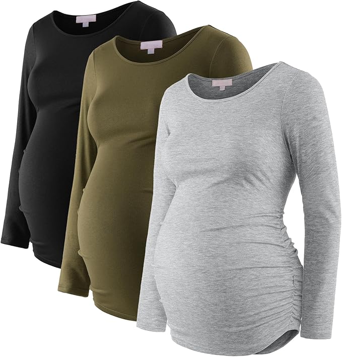 Bhome Women's Maternity Shirts 3 Packs Long Sleeve Pregnancy Tops Basic Side Ruched Tunic Blouse