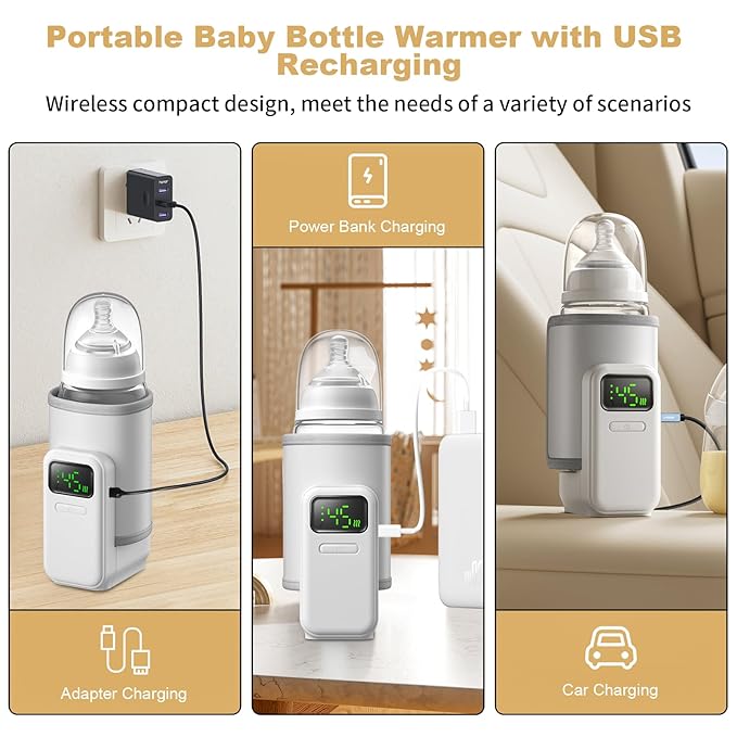Portable Bottle Warmer - Travel-Easy,Fast Warming,6-Speed Temperature Control,Comfortsble Baby Feeding On-The-go,Battery-Powered Waterless Milk Warmer