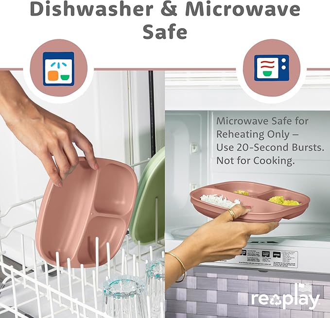 Re-Play Toddler Plates with Dividers - Deep-Walled 3 Compartments Divided Plates for Kids - Dishwasher & Microwave Safe - Made in USA - Set of 3-7.37" x 7.37" x 1.25" - Desert Roses