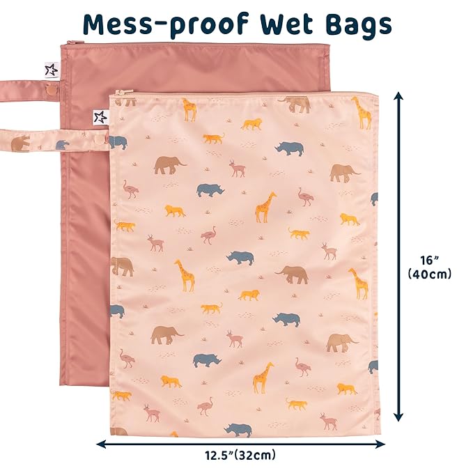 Tiny Twinkle Wet Dry Bag – 2 Pack Reusable Waterproof & Mess Proof Wet Bags for Swimsuits & Travel, Baby Towels & Beach Essentials,a Diaper Bag Must-Have(Petite Safari)