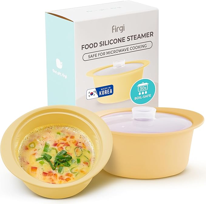 27oz Platinum Silicone Microwave Steamer Pot with Handle & Lid - Korean 100% Food-Grade Steamer Bowl, Heat-Resistant Cooker with Steam Holes, Easy Clean, Dishwasher Safe, Yellow