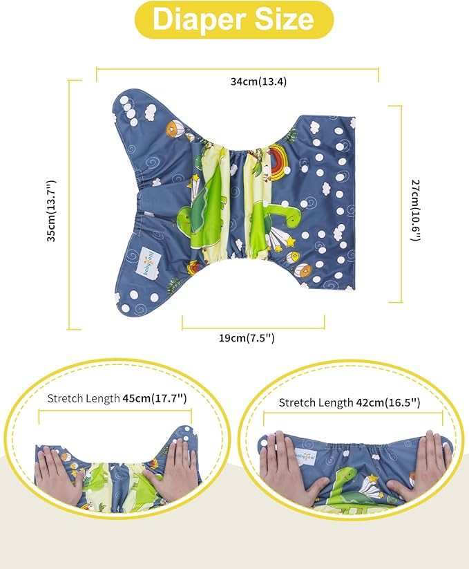 babygoal AWJ Cloth Diapers with Tummy Panel Pack of 13, 6 Diaper Cover with 6 Inserts and Wet Dry Bag, Adjustable Washable Reusable for Baby Girls and Boys