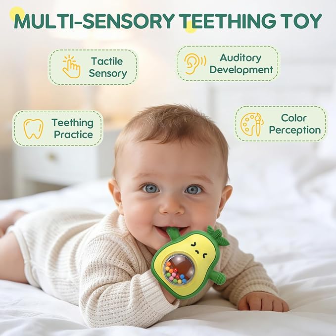 Baby Teething Toys 3-6 6-12 Months, Avocado Baby Teething Mitten with Rattle, BPA Free Silicone Infants Teether Sensory Chew Toys for Newborns, Baby Shower Gifts for Boys Girls