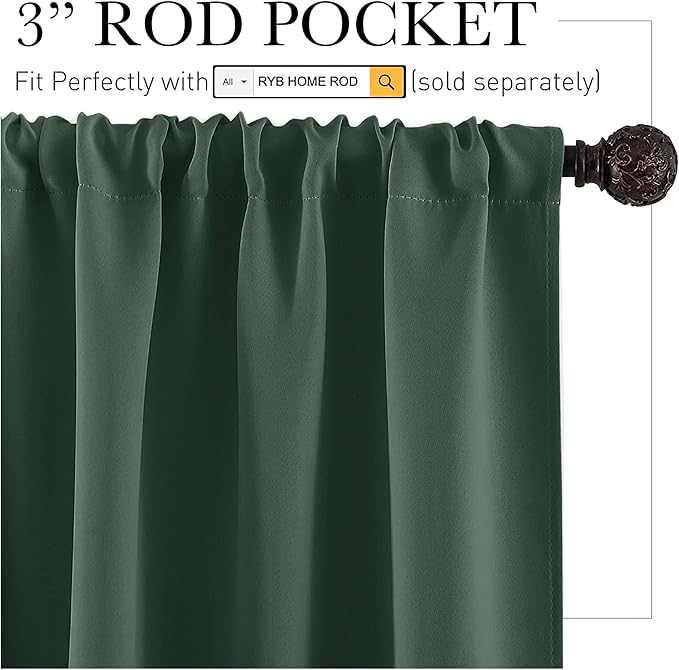 RYB HOME Short Dark Green Blackout Curtains for Small Bedroom Window, Insulating UV Blocking Drapes for Kitchen Cafe Basement Garage, Privacy Tiers for Bathroom Window, Width 42 by Length 36, Set of 2