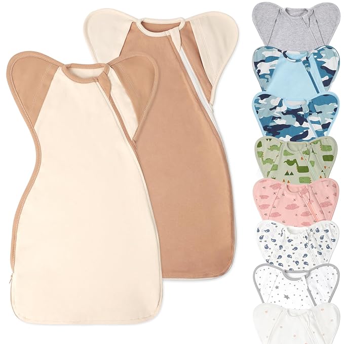 Premium Soft Cotton Swaddle Blanket Sleep Sack Arms Up Design 2 Packs 3-6 Months, Hands Up 3-Way Transitions to Arms-Free Wearable Sleeping Sack Bag for Baby Boys Girls Snug Fit Calms Startle Reflex