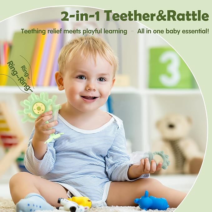 Baby Fruit Food Feeder Set and Teething Toys for Baby – 3 Size Silicone Fruit Feeder with Breastmilk Popsicle Freezer Molds, 2 Teethers for Teething Relief and Infant Self-Feeding