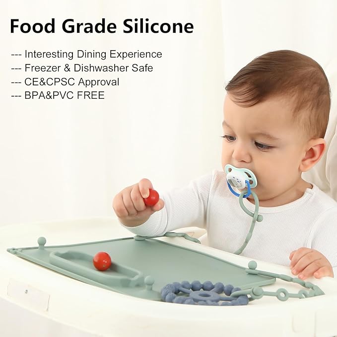 2 Pack Baby Silicone Mat, with Suction Base and 8 Stretchable Straps, Seposeve Baby Placemats, Activity Mat for Infants to Toddlers, Keeps Babies Essentials Off The Floor, Green Blue