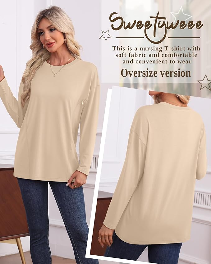 3 Pack Women's Nursing Breastfeeding Tops, Long Sleeve Maternity Shirts Oversize Hidden Zipper Pregnancy Clothes