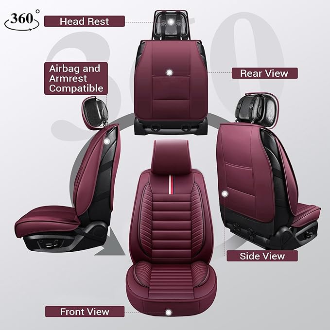 OASIS AUTO Car Seat Covers Premium Waterproof Faux Leather Cushion Universal Accessories Fit SUV Truck Sedan Automotive Vehicle Auto Interior Protector Full Set (OS-001 Burgundy)