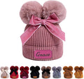Personalized Toddler Beanie Hat with Bow - Custom Winter Pom Pom Beanies - Leater Patch Baby Warm Knit Hats