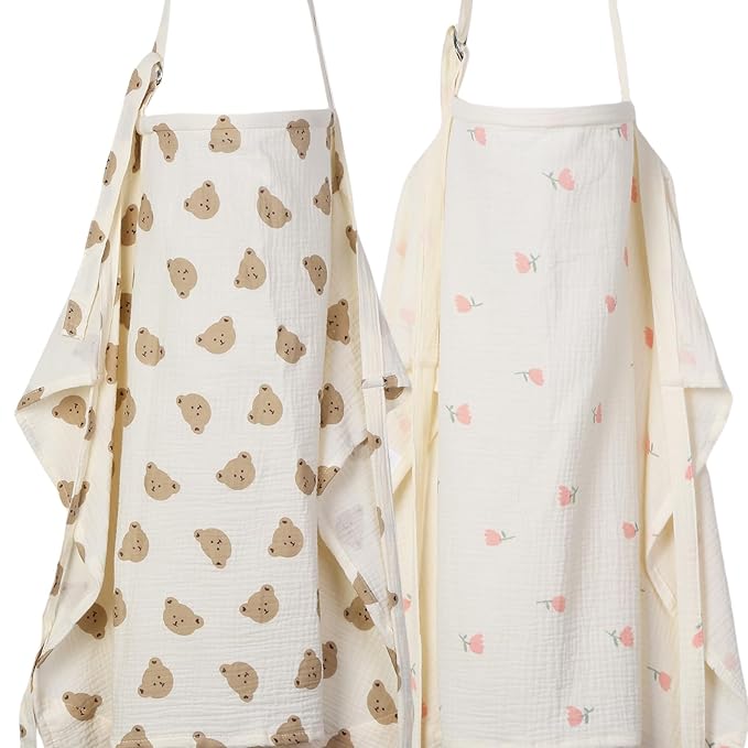 2-Pack Muslin Nursing Cover for Baby Breastfeeding - Breathable Breastfeeding Covers for Nursing with Arch Neckline, Bear & Flower Privacy Covers