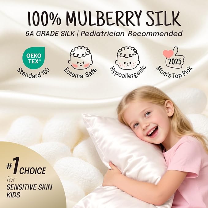 OLESILK 100% Mulberry Silk Toddler Pillowcase for Hair and Skin, Both Sides 19 Momme Pure Natural Silk Travel Pillow Cases with Hidden Zipper, 13"x 18", White