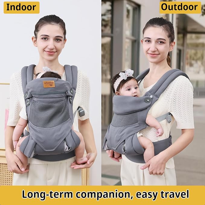 Baby Carrier Newborn to Toddler,Ergonomic Safe Soft Breathable Infant Carrier with Adjustable Head Neck Support - Outdoor Kangaroo Front & Back Carry Baby Carriers for Baby 8-40lbs(Grey