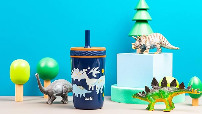 Zak Designs Kelso Toddler Cups For Travel or At Home, 12oz Vacuum Insulated Stainless Steel Sippy Cup With Leak-Proof Design is Perfect For Kids (Zaksaurus)