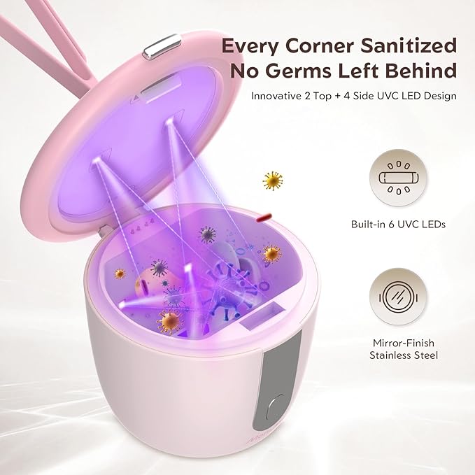 MomMed Portable Pacifier Sanitizer with Smart Display, Dual 60/180s Disinfection Modes, Auto Shut-Off, UV Pacifier Holder Case for Baby Pacifiers, Teethers, Bottle Nipples and More(Pink)