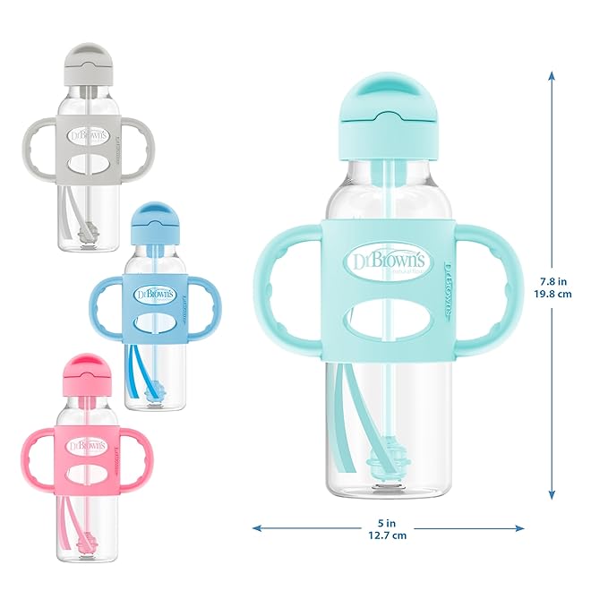 Dr. Brown's Milestones Narrow Sippy Straw Bottle, Spill-Proof with 100% Silicone Handles and Weighted Straw, 8 oz/250 mL, Gray & Blue, 6m+