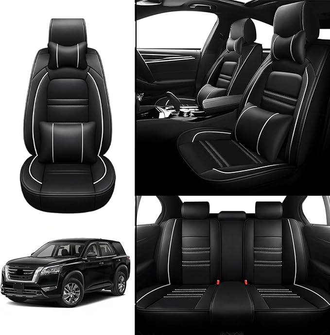Car Seat Covers for Nissan Car Pathfinder 2000-2025 | 5-Seats Seat Covers, Waterproof Seat Protectors, Automotive Seat Covers (Full Set with Pillow,Black&White Line)