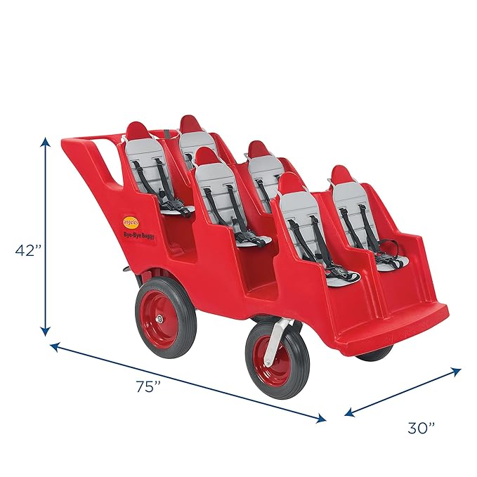 Angeles Bye Bye Buggy 6 Passenger Stroller, Sturdy Daycare Stroller with Fat Tires, Easy-to-Fasten Safety Buckles, Parking Brake, & 360 Pivoting Wheels, Red