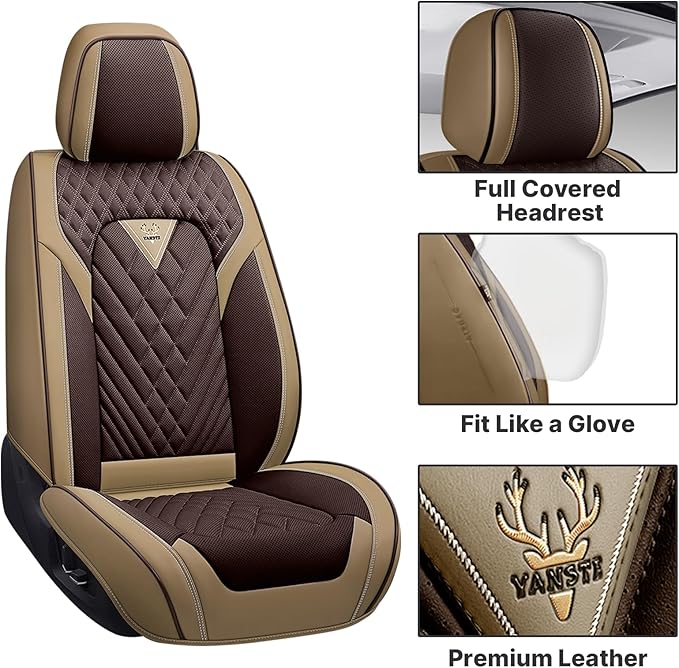 Car Seat Cover Full Set, Seat Cover for Cars, Car Seat Cover Car Seat Protector Waterproof Leather Car Seat Cushion Full Coverage Seat Cover Front Seat Fit for Most Cars(2 Seat,Brown&Beige)