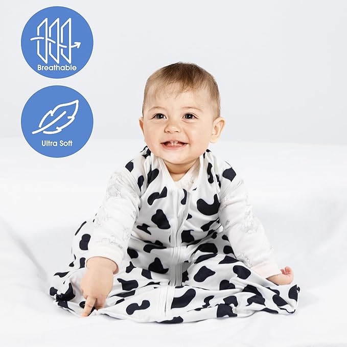 Baby Sleep Sack 0-6 Months Baby Wearable Blanket 100% Rayon Cotton 2-Way Zipper Toddler Sleeping Sack，Comfy Soft Lightweight TOG 0.3（Cow Print）