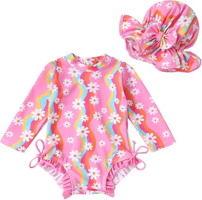 Infant Baby Girl Swimsuit One-Piece Long Sleeve Rash Guard with Hat Set Floral Zipper Bathing Suit Leopard Beach Wear