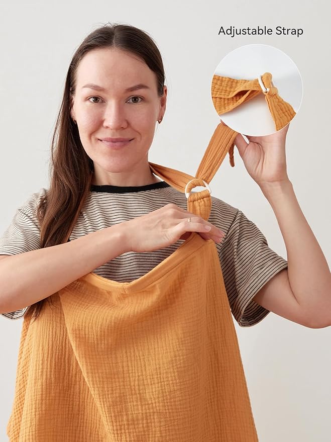 TILLYOU Muslin Nursing Cover for Baby Breastfeeding, 100% Cotton Breathable with Arch Neckline for Women, Orange