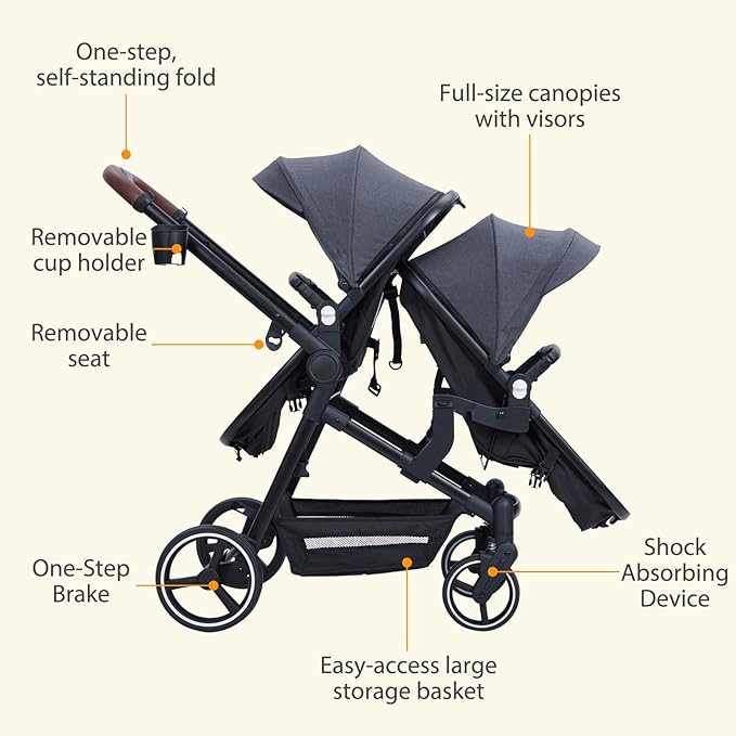 Tandem Double Stroller Newborn and Toddler, Foldable Twin Stroller with Reversible Seat, 5-Point Safety Harness, Adjustable Backrest & Canopy, Storage Basket, Dark Grey
