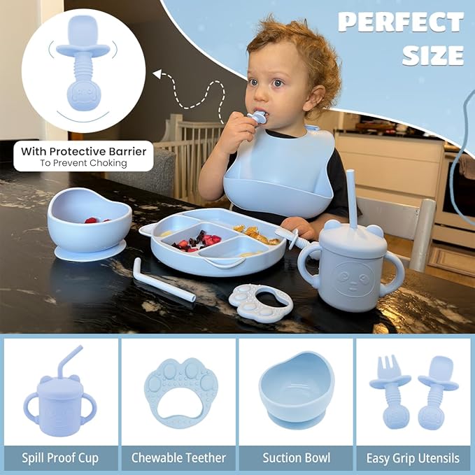 JEVASO Silicone Baby Feeding Set, Baby Led Weaning Supplies, Baby Self Feeding Essentials Suction Bowl Divided Plate Baby Bibs Spoons Forks Sippy Cup Teether, Toddler Eating Utensils for 6+ Months
