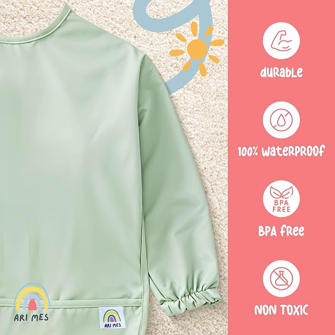 ARI MES Long Sleeves Waterproof Baby Bibs for Eating - Cherries, Small - Wearable, Coverall for Toddler, Long Sleeve Bib, Smock Apron for Feeding - Applicable for 6-72 Months