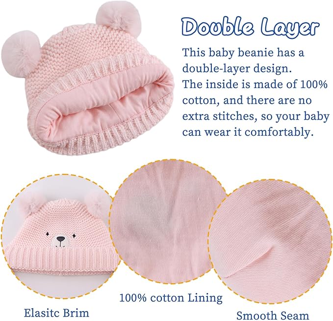 JANGANNSA Cute Bear Baby Beanie Pompom Baby Boys Hat Infant Toddler Winter Knitted Beanies for Girls
