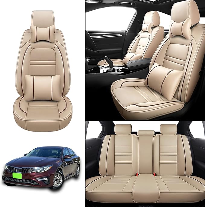 Car Seat Covers for kia Optima 2003-2020 | 5-Seats Seat Covers, Waterproof Seat Protectors, Automotive Seat Covers (Full Set with Pillow,Beige)