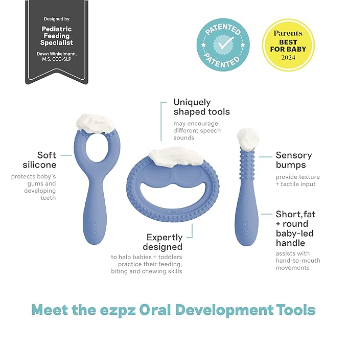 ezpz Oral Development Tools (3 Pack in Indigo) - 3 Months+ - Non-Slip Loop, Smile and Stick 100% Silicone Tools - Prepare for Chewing + Solids - Baby-Led Weaning Supplies