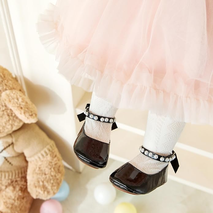 Baby Girls Mary Jane Flats - Infant Newborn Walking Shoes Soft Rubber Sole Princess Wedding