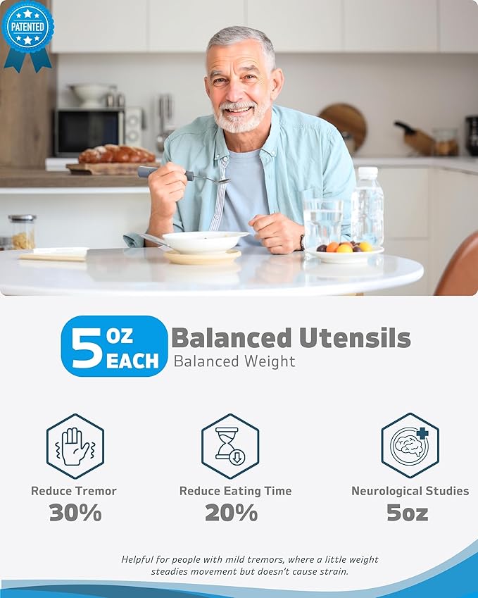 Adaptive Utensils (4-Piece Set) Weighted 5 oz - 42° Angled Utensils for Parkinson's Patients, Hand Tremors, Arthritis & Elderly - Eating Utensils for Elderly (Grey: Left Handed)