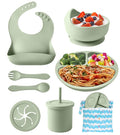 Silicone Baby Feeding Set, 10 Pcs Baby Led Weaning Supplies Baby Eating Essentials Set with Suction Bowl Divided Plate Adjustable Bib Soft Spoon Fork Cup with Lid Drinking Cup, Travel Bag (Green)