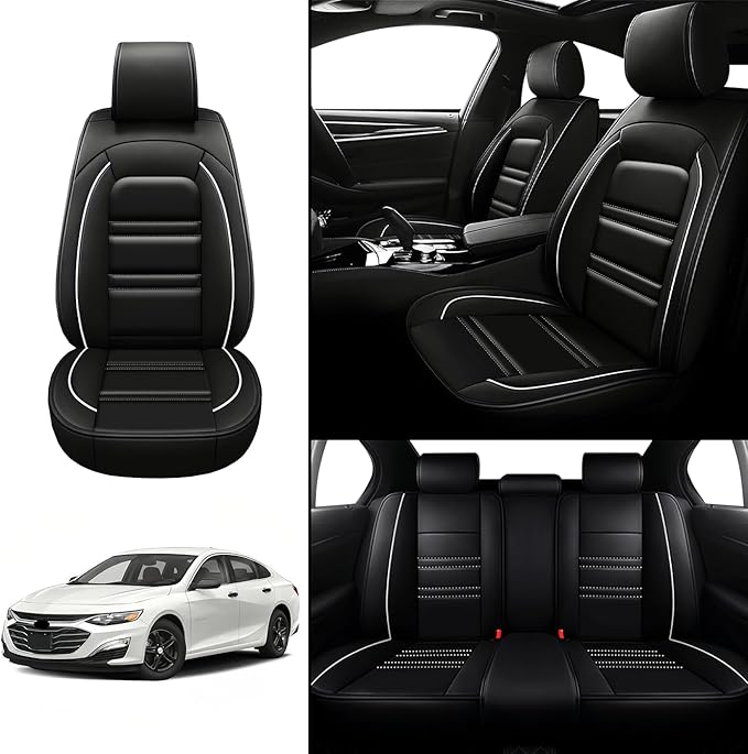 Seat Covers for Chevy Malibu 2004-2025 | 5-Seats Leather Seat Covers, Easy to Install Automotive Seat Covers Full Set (Full Set, Black&White Line)