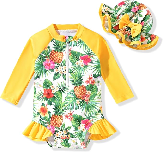 Aalizzwell Baby Girls Long Sleeve One Piece Swimsuit with Hat