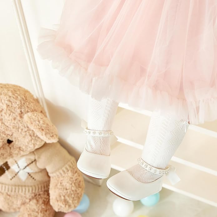 Baby Girls Mary Jane Flats - Infant Newborn Walking Shoes Soft Rubber Sole Princess Wedding