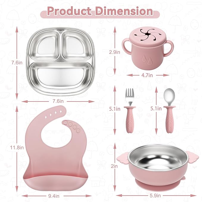 Stainless Steel Kids Plates and Bowls Set with Suction, Divided Baby Plate and Toddler Bowl with Removable Silicone Suction,Stainless Steel Weaning Bundle, Silicone Baby Feeding Set (Pink)