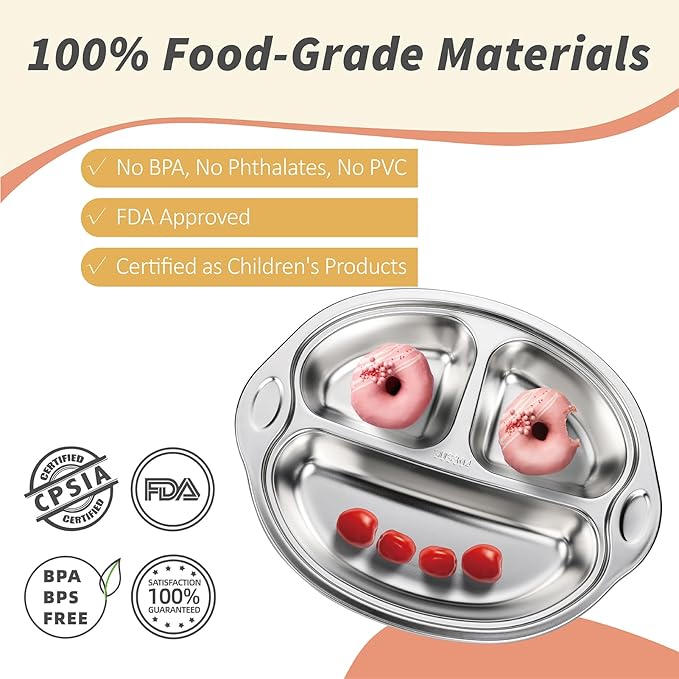 MR. CHOU Stainless Steel Divided Toddler Plate, Suction Baby Plates for Baby & Toddler, Dishwasher Safe, Pink