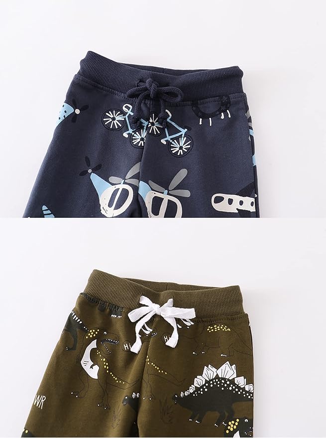 HUAER& Baby Boy's Jogger Pants Dinosaur Car Animal Print Drawstring Elastic Sweatpants 2-Pack