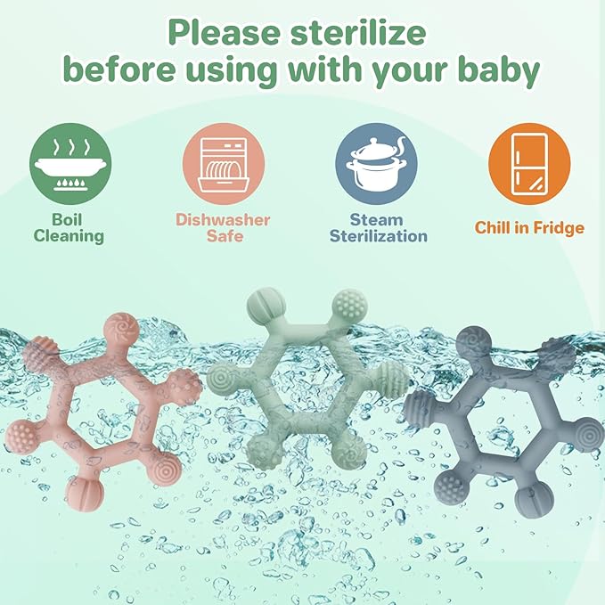 Meartchy 3 Pack Baby Teething Toys, BPA-Free Silicone Baby Teether Toys Teething Relief, Chew Toy for Babies 6-24 Months (Green & Blue & Pale Pink)