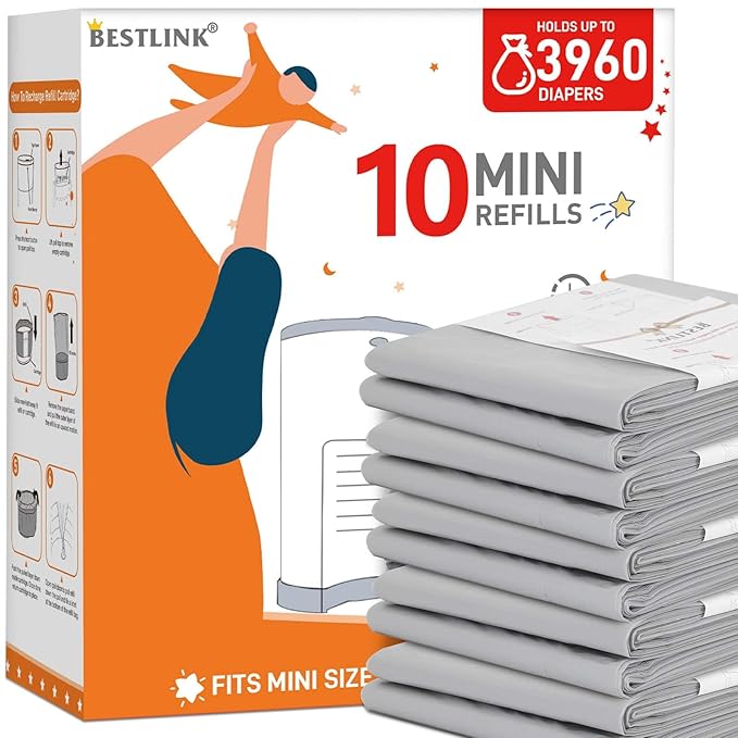 10 Pack Refills Compatible with DEKOR MINI Diaper Pails | 20% Extra Length Diaper Pail Refill Bags Liners Holds 3960 Diapers | Ultimate Odor Control with Baby Scented