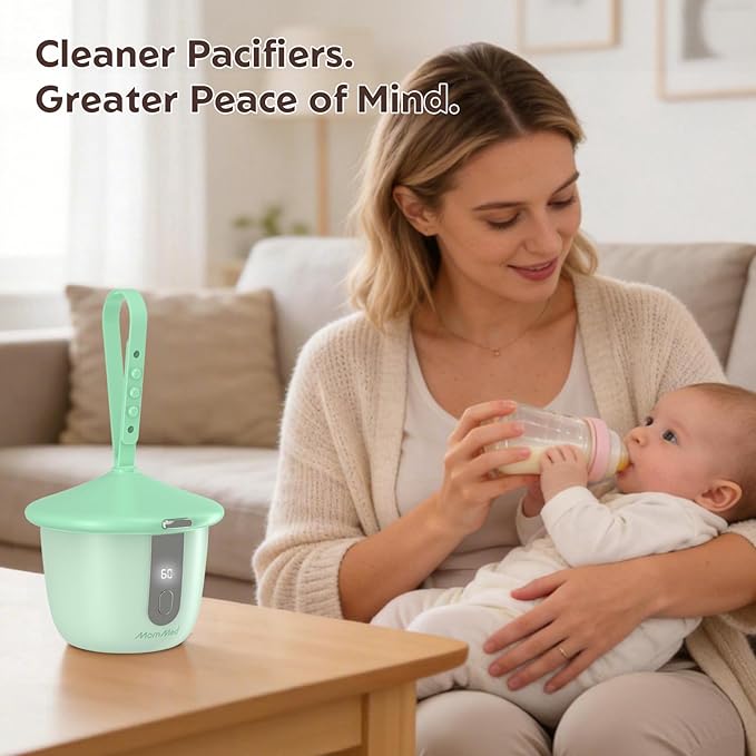 MomMed Portable Pacifier Sanitizer with Smart Display, Dual 60/180s Disinfection Modes, Auto Shut-Off, UV Pacifier Holder Case for Baby Pacifiers, Teethers, Bottle Nipples and More(Green)
